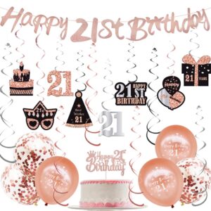 wojogo 21st birthday decorations for her, rose gold & black 21 birthday decorations including 21st birthday banner hanging swirls cake topper balloons for party supplies