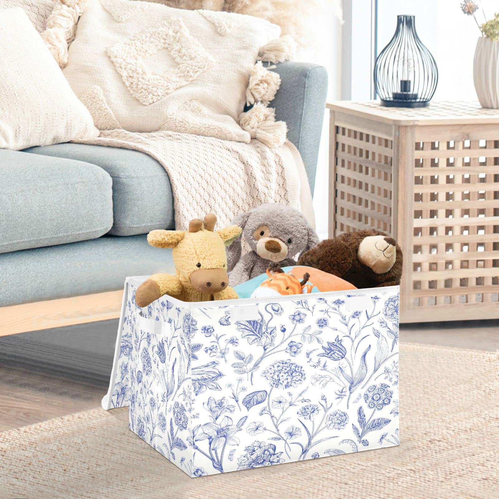 WELLDAY Toile Pattern Storage Baskets Foldable Cube Storage Bin with Lids and Handle, 16.5x12.6x11.8 In Storage Boxes for Toys, Shelves, Closet, Bedroom, Nursery