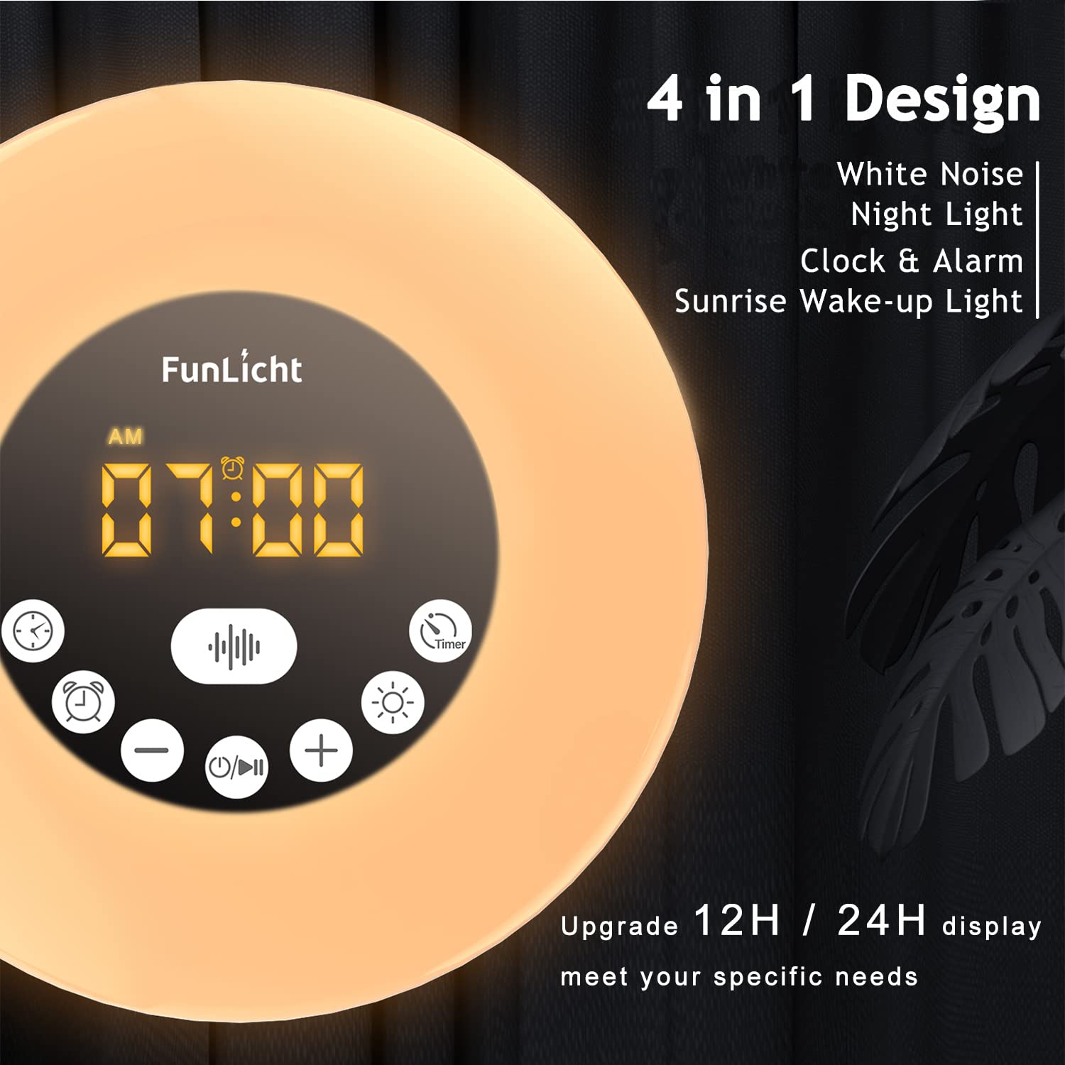 Funlicht Upgraded White Noise Machine with Night Light,4 in 1 Sound Machine Alarm Clock with Wake up Light,10 Soothing Sounds for Sleeping,Noise Maker for Baby Kids Adults,Bedroom,Office,Travel