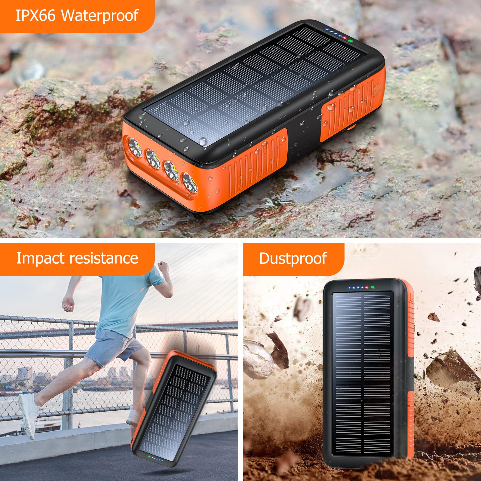 boogostore Solar Charger Power Bank 63200mAh, Portable Charger with Dual Outputs & Dual Inputs 4 LEDs Flashlight, Hand Crank Power Bank Fast Charging Battery Pack for Outdoor Camping Survival Gear