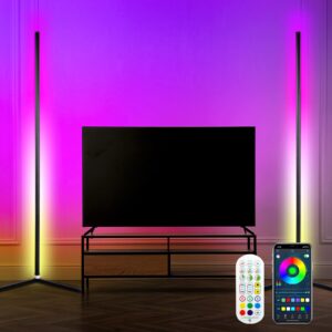 retisee 2 pieces 65 inch modern lighting corner lamp with remote and app control led dimmable corner floor lamp color changing rgb lamp with music sync timing for living room gaming room