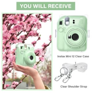 Rieibi Clear Case Compatible with Fuji Instax Mini 12, Polaroid Hard Carrying Case Bag for Fujifilm Instax Mini 12 Instant Camera, PC Cover with Photo Storage Pocket & Shoulder Strap
