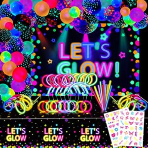 192 pcs glow in the dark party supplies - include let's glow neon party backdrop, neon balloons, tablecloth, glow sticks party pack, glow party supplies blacklight neon party decorations