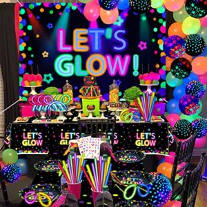 192 Pcs Glow in The Dark Party Supplies - Include Let's Glow Neon Party Backdrop, Neon Balloons, Tablecloth, Glow Sticks Party Pack, Glow Party Supplies Blacklight Neon Party Decorations