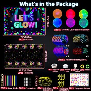 192 Pcs Glow in The Dark Party Supplies - Include Let's Glow Neon Party Backdrop, Neon Balloons, Tablecloth, Glow Sticks Party Pack, Glow Party Supplies Blacklight Neon Party Decorations