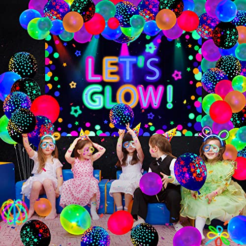 192 Pcs Glow in The Dark Party Supplies - Include Let's Glow Neon Party Backdrop, Neon Balloons, Tablecloth, Glow Sticks Party Pack, Glow Party Supplies Blacklight Neon Party Decorations