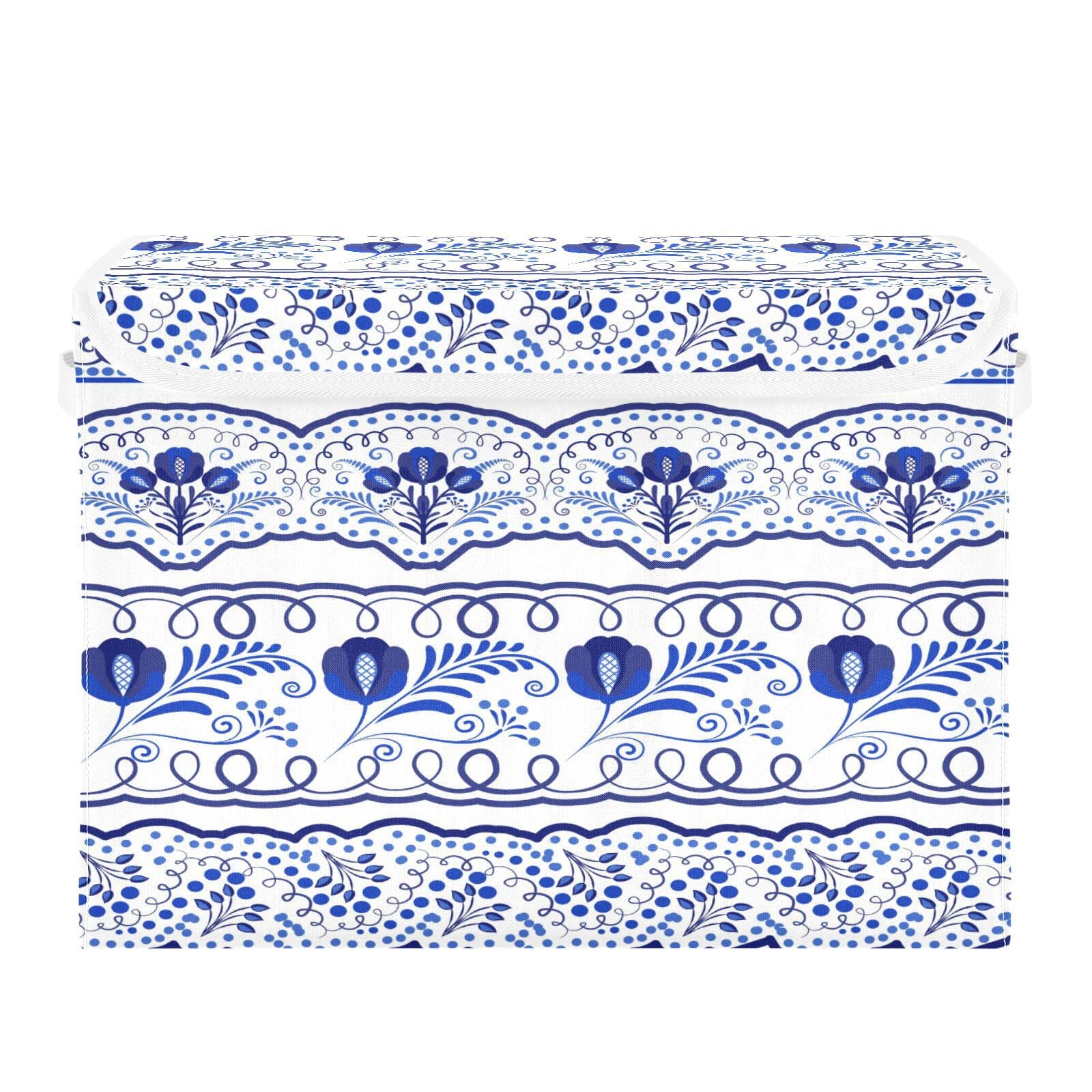 WELLDAY Blue White Floral Ceramic Storage Baskets Foldable Cube Storage Bin with Lids and Handle, 16.5x12.6x11.8 In Storage Boxes for Toys, Shelves, Closet, Bedroom, Nursery