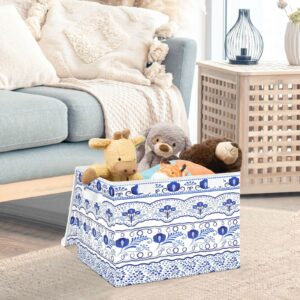 WELLDAY Blue White Floral Ceramic Storage Baskets Foldable Cube Storage Bin with Lids and Handle, 16.5x12.6x11.8 In Storage Boxes for Toys, Shelves, Closet, Bedroom, Nursery