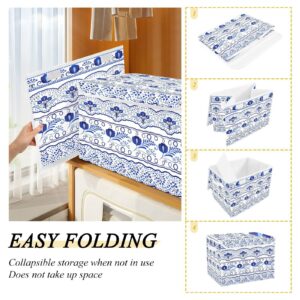 WELLDAY Blue White Floral Ceramic Storage Baskets Foldable Cube Storage Bin with Lids and Handle, 16.5x12.6x11.8 In Storage Boxes for Toys, Shelves, Closet, Bedroom, Nursery