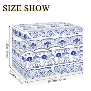 WELLDAY Blue White Floral Ceramic Storage Baskets Foldable Cube Storage Bin with Lids and Handle, 16.5x12.6x11.8 In Storage Boxes for Toys, Shelves, Closet, Bedroom, Nursery