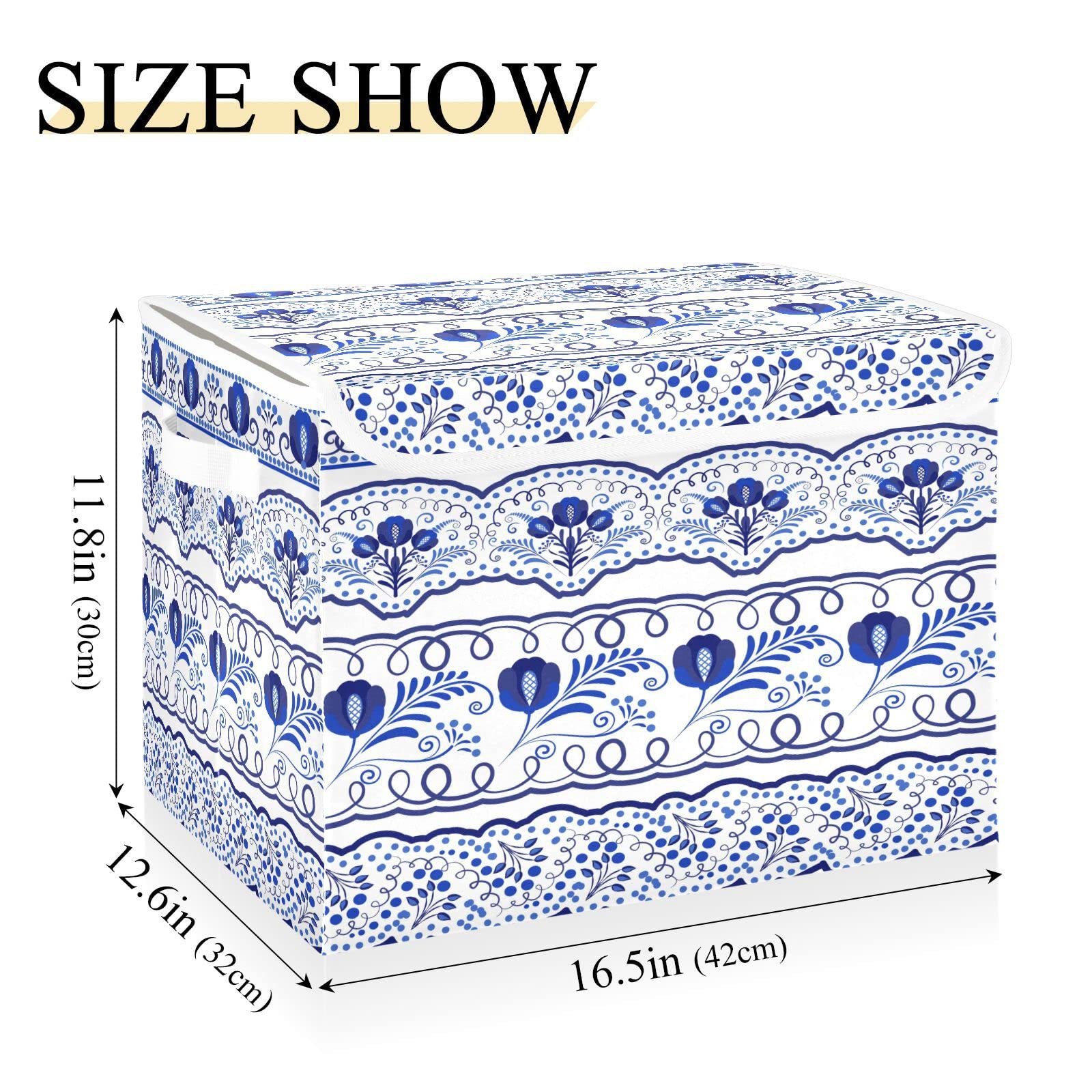 WELLDAY Blue White Floral Ceramic Storage Baskets Foldable Cube Storage Bin with Lids and Handle, 16.5x12.6x11.8 In Storage Boxes for Toys, Shelves, Closet, Bedroom, Nursery