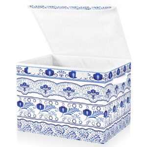 WELLDAY Blue White Floral Ceramic Storage Baskets Foldable Cube Storage Bin with Lids and Handle, 16.5x12.6x11.8 In Storage Boxes for Toys, Shelves, Closet, Bedroom, Nursery