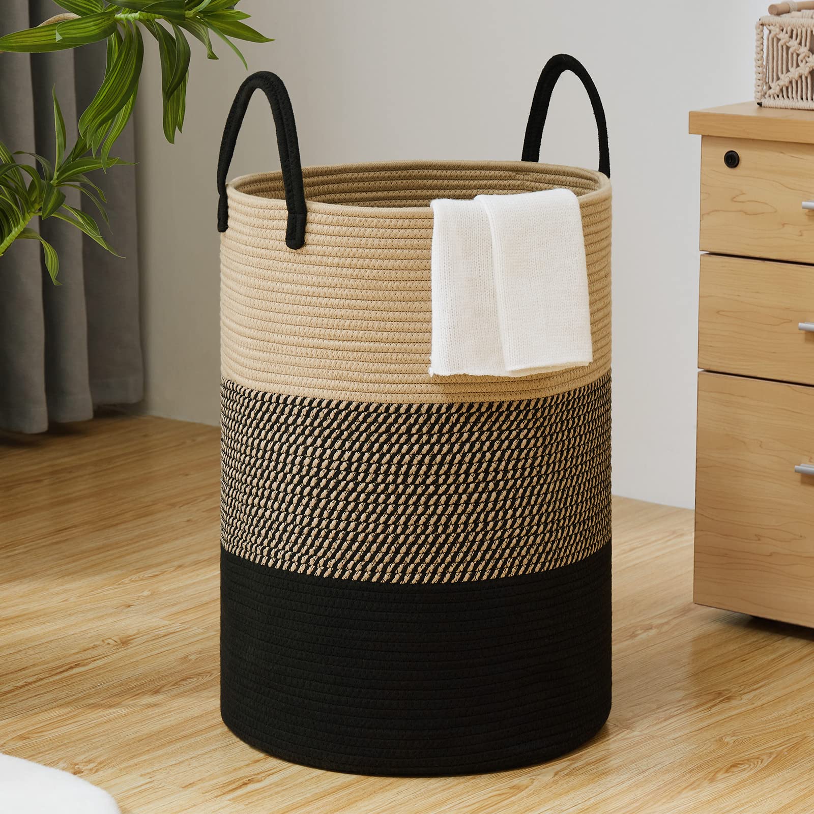 Black Woven Rope Laundry Basket by TECHMILLY, 58L Baby Nursery Hamper for Clothes Blanket Storage, Large Tall Laundry Hamper for College Dorm, Bedroom, Living Room