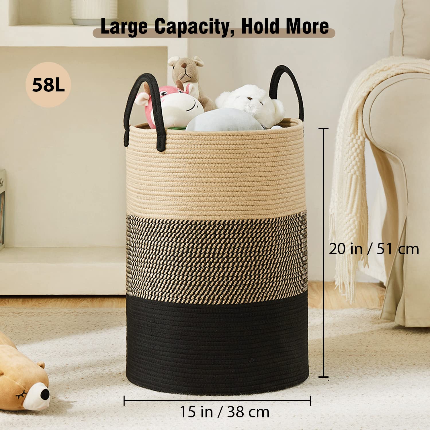 Black Woven Rope Laundry Basket by TECHMILLY, 58L Baby Nursery Hamper for Clothes Blanket Storage, Large Tall Laundry Hamper for College Dorm, Bedroom, Living Room