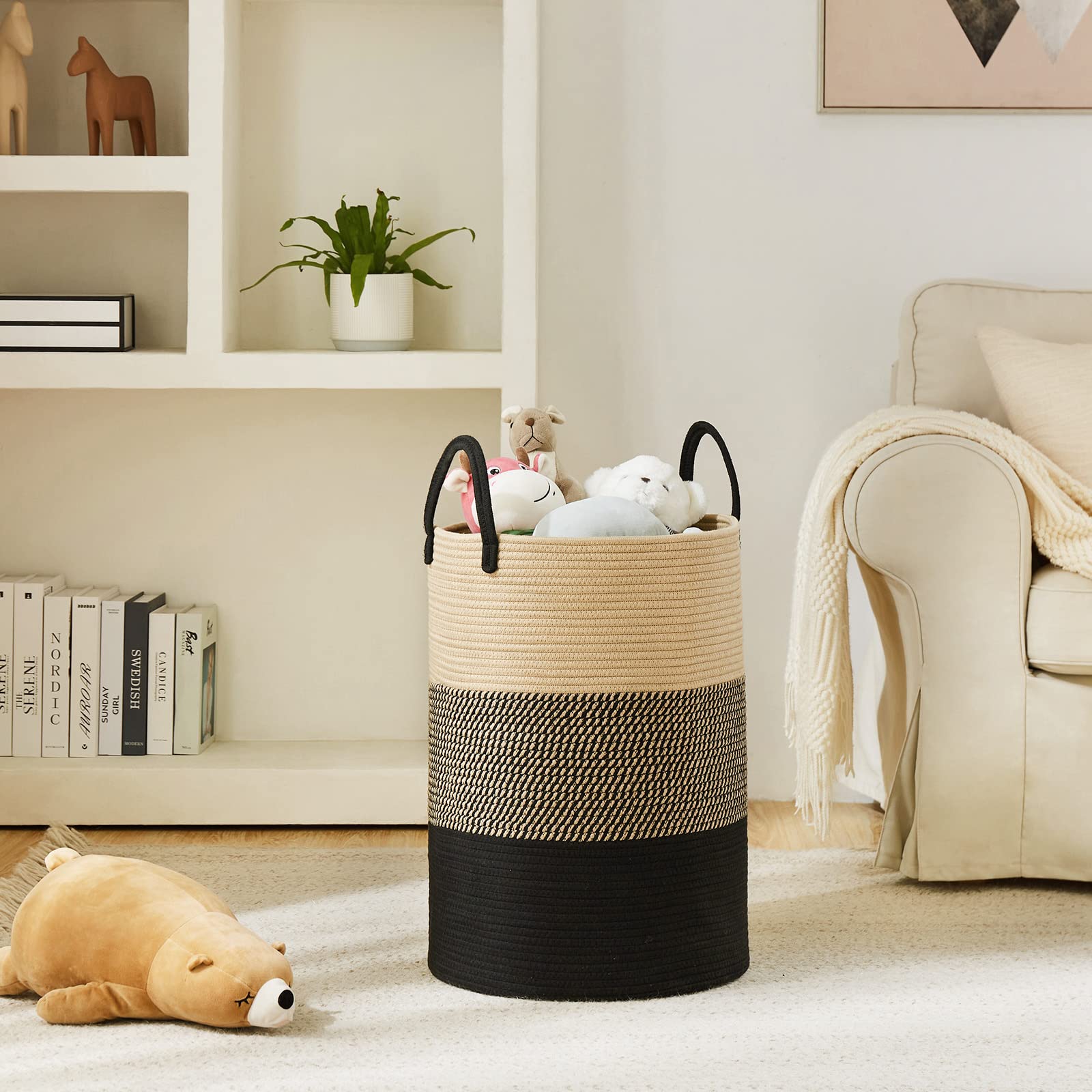 Black Woven Rope Laundry Basket by TECHMILLY, 58L Baby Nursery Hamper for Clothes Blanket Storage, Large Tall Laundry Hamper for College Dorm, Bedroom, Living Room