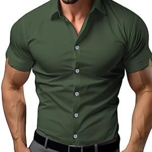 ATFORNA Men's Dress Shirt Slim fit Button Down Shirts Summer Short Sleeve Blouses Tops Men Clothes Green