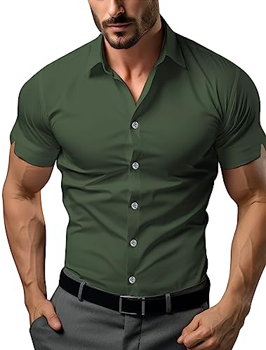 ATFORNA Men's Dress Shirt Slim fit Button Down Shirts Summer Short Sleeve Blouses Tops Men Clothes Green