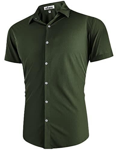 ATFORNA Men's Dress Shirt Slim fit Button Down Shirts Summer Short Sleeve Blouses Tops Men Clothes Green