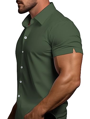 ATFORNA Men's Dress Shirt Slim fit Button Down Shirts Summer Short Sleeve Blouses Tops Men Clothes Green