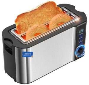 dybaxa stainless steel toaster 4 slice smart led, toaster 2 slice long slot, 4 slice toaster wide slot for bagel sourdough artisan croissant muffin, 6 browning control, warming rack, crumb tray