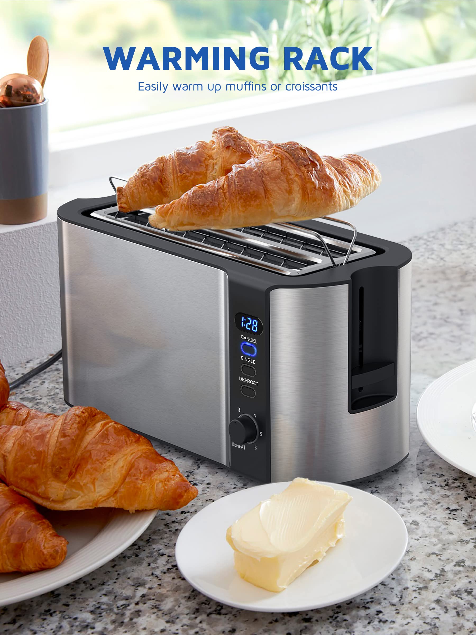 DyBaxa Stainless Steel Toaster 4 Slice Smart LED, Toaster 2 Slice Long Slot, 4 Slice Toaster Wide Slot for Bagel Sourdough Artisan Croissant Muffin, 6 Browning Control, Warming Rack, Crumb Tray