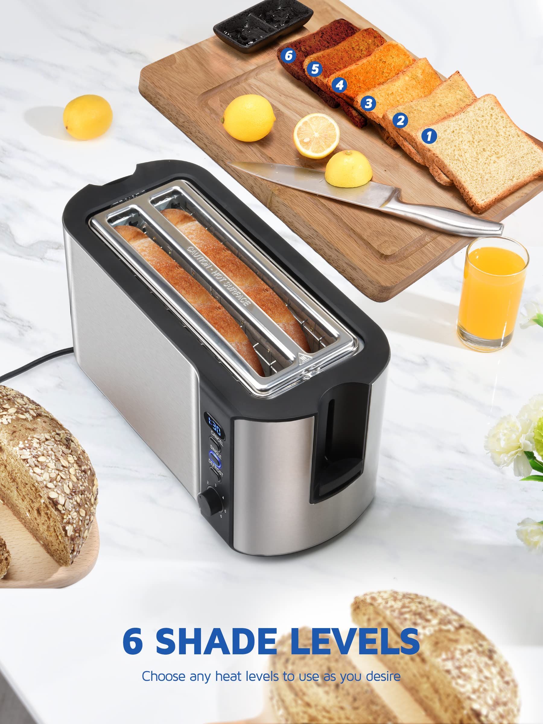 DyBaxa Stainless Steel Toaster 4 Slice Smart LED, Toaster 2 Slice Long Slot, 4 Slice Toaster Wide Slot for Bagel Sourdough Artisan Croissant Muffin, 6 Browning Control, Warming Rack, Crumb Tray