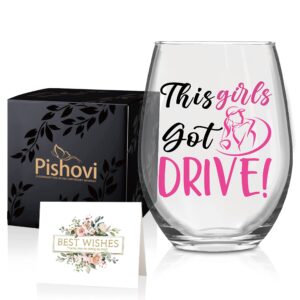pishovi this girls got drive wine glass with gift box, funny stemless glass, golf gifts for women, feminists, christmas anniversary birthday gifts for mom aunts sisters golf lovers