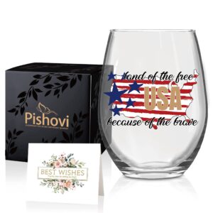 pishovi usa land of the free because of the brave wine glass with gift box, funny flag stemless wine glass, memorial day gift, day of honor retirement gifts for dad grandpa veteran gifts
