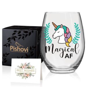 pishovi magical af wine glass with gift box, funny stemless glass, gift for unicorn lovers, fairy funny bridal shower gift, mother's day christmas birthday mystery gift for mom sister bff