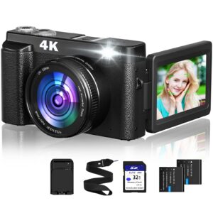 4k digital camera for photography and video autofocus 48mp vlogging camera for youtube with sd card 3” flip screen flash 16x zoom anti-shake travel camera 2 batteries|battery charger for beginner