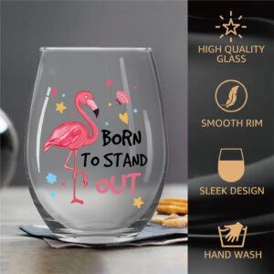 Pishovi Born To Stand Out Wine Glass with Gift Box, Fun Pink Flamingo Stemless Wine Glass, Birthday Gift for Women, Christmas Anniversary Birthday Gift for Sister Mom Aunt Grandma BFF