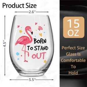Pishovi Born To Stand Out Wine Glass with Gift Box, Fun Pink Flamingo Stemless Wine Glass, Birthday Gift for Women, Christmas Anniversary Birthday Gift for Sister Mom Aunt Grandma BFF