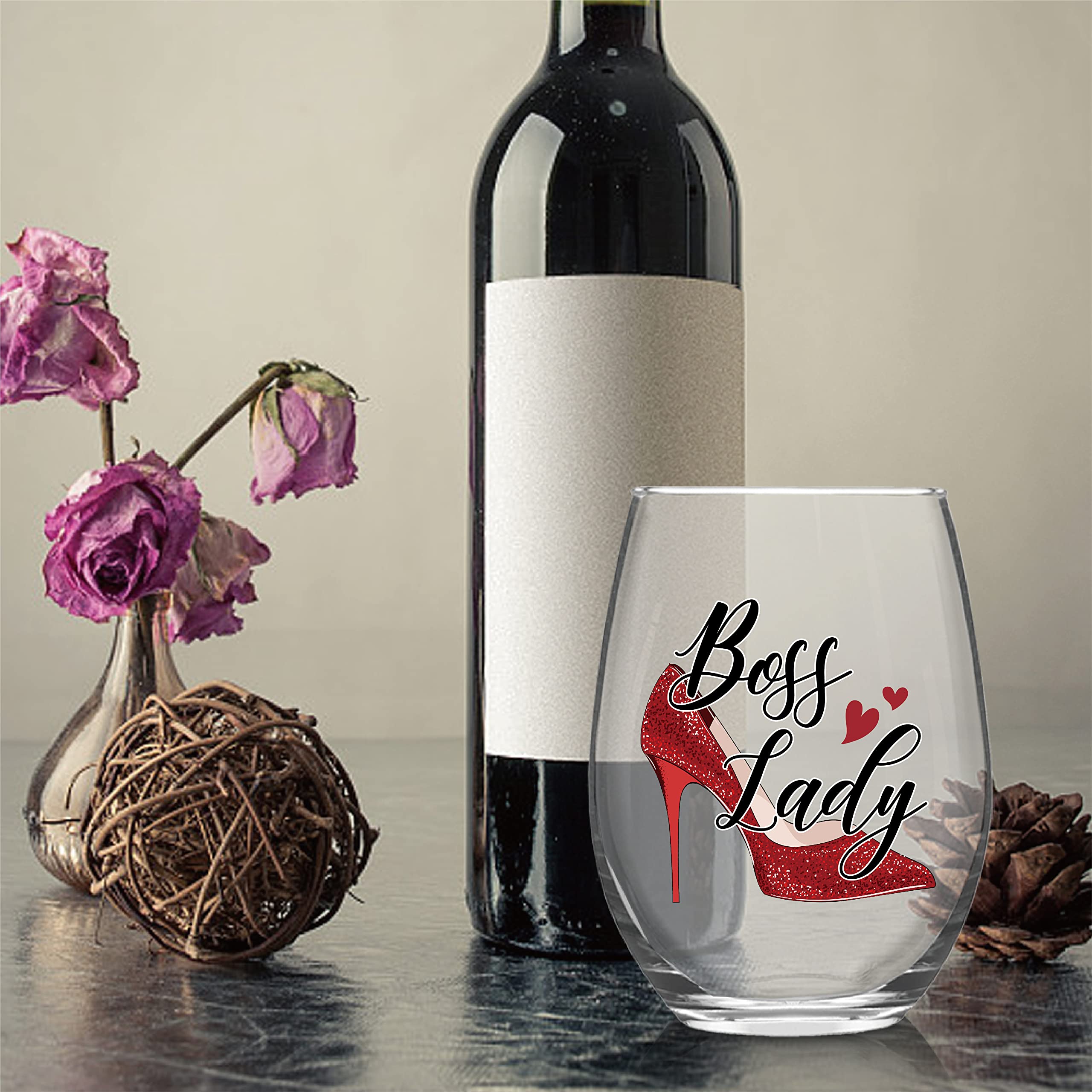 Pishovi Boss Lady Wine Glass with Gift Box, Funny Stemless Glass, Unique Gift for Women, Christmas Birthday New Job Gift for Female Entrepreneur Lady Boss, Coworker, Mom, Girl