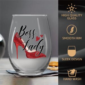 Pishovi Boss Lady Wine Glass with Gift Box, Funny Stemless Glass, Unique Gift for Women, Christmas Birthday New Job Gift for Female Entrepreneur Lady Boss, Coworker, Mom, Girl