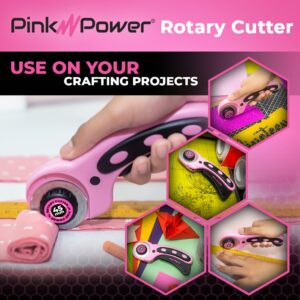 Pink Power Electric Fabric Scissors for Crafts, Sewing, Cardboard, Carpet & Scrapbooking - Heavy Duty Cutting Tool, Automatic Cordless Electric Scissors Fabric Cutter & Rotary Cutter Set (Pink)