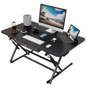 lubvlook standing desk converter, 42 x 24 inches height adjustable sit stand desk riser for dual monitors with drawer, black