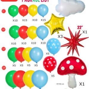 Red Blue green Yellow balloon garland Kit 130Pcs with Cloud mushroom Star balloons for Cartoon & Video Game theme Super bros Birthday inspired Party Decorations