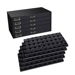 novel box 5-drawer jewelry tray organizer with black leatherette finish & 36-count gemstone/coin tray foam liners (black, 180 jars)