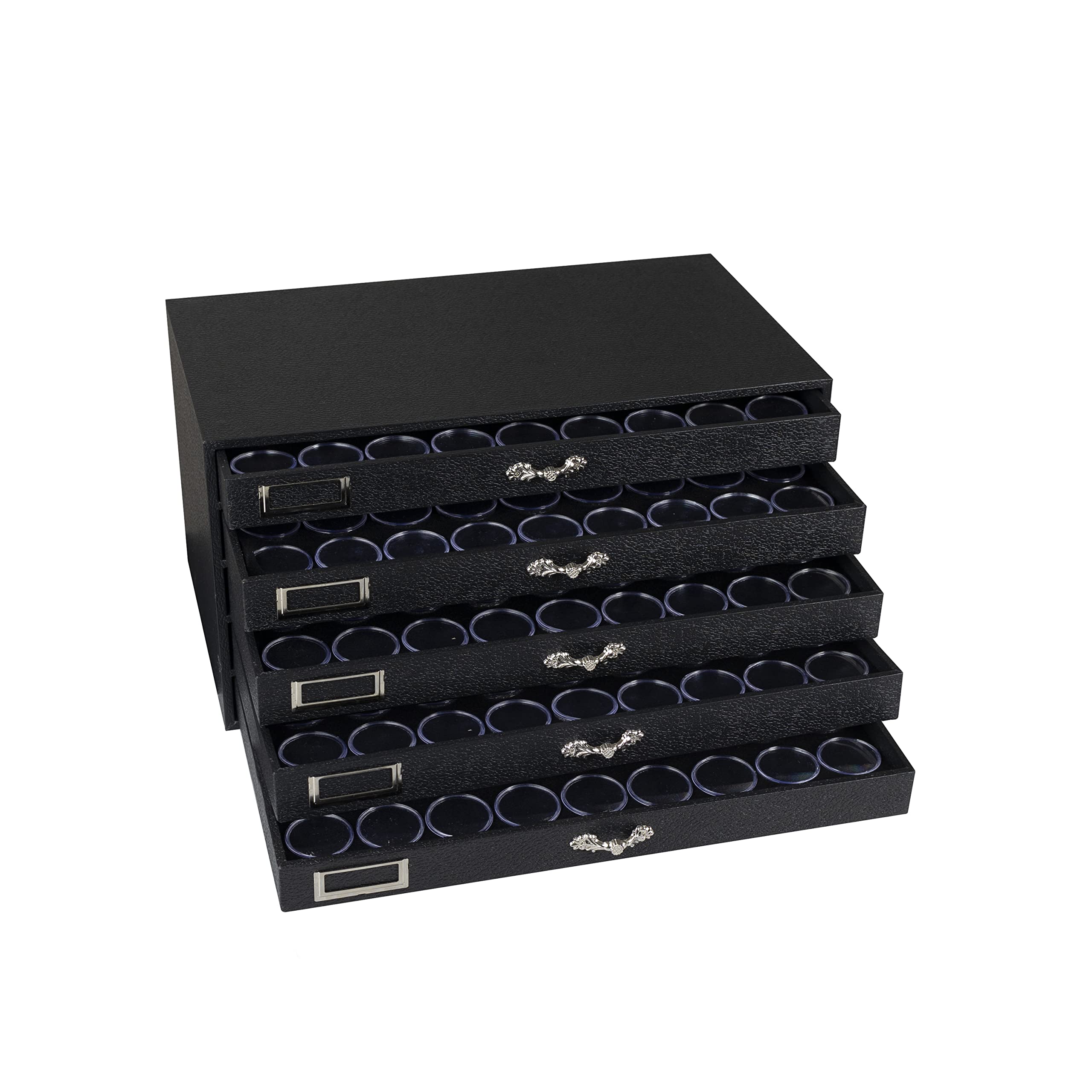 Novel Box 5-Drawer Jewelry Tray Organizer With Black Leatherette Finish & 36-Count Gemstone/Coin Tray Foam Liners (Black, 180 Jars)
