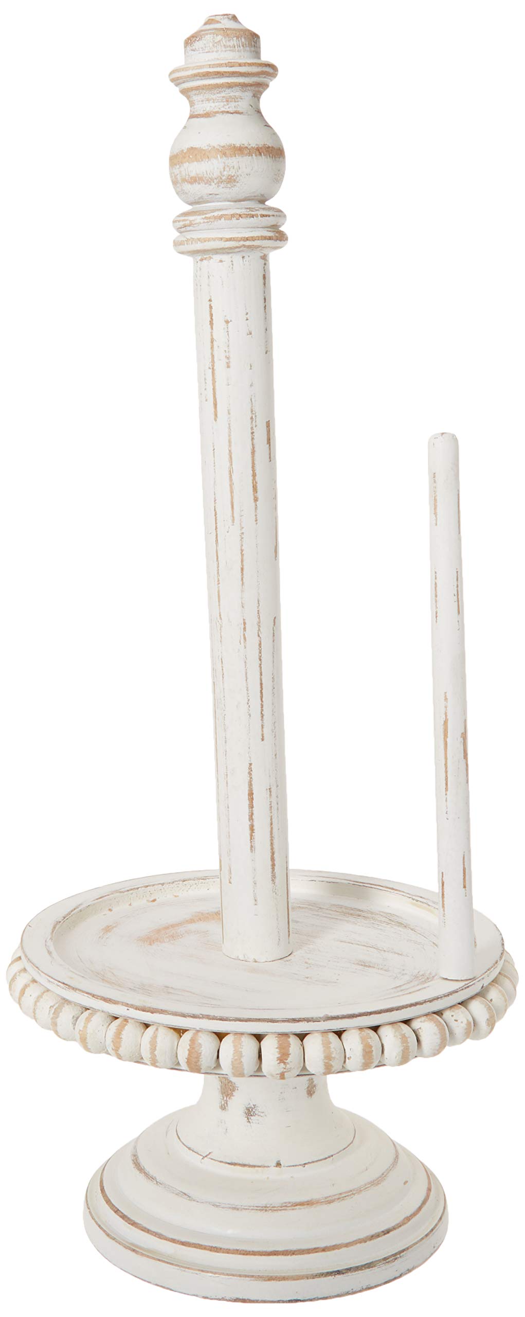 Mud Pie Beaded Wood Pedestal Bowl, White, 6" x 14" dia & 47100002 Farmhouse Washed Beaded Wood Pedestal Paper Towel Holder, 16" x 6" Dia, White, Grey