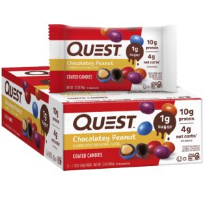 quest nutrition coated candies, chocolatey peanut, 1g sugar, 10g protein, 4g net carbs, gluten free, keto friendly, 12 count