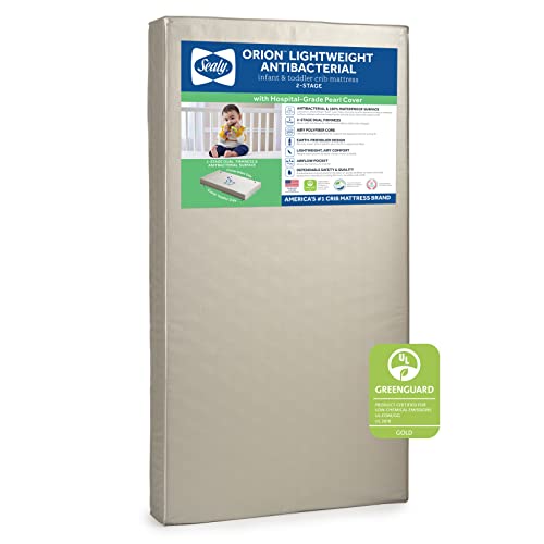 Sealy Crib Mattress & Toddler Bed Mattress| Orion 2-Stage Sustainable Antibacterial Baby Mattress, Lightweight, GREENGUARD Air Quality Certified - Made in USA, 52"x28"