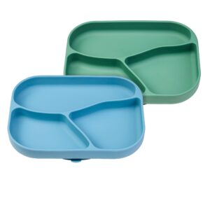 numnum silicone toddler suction plates for baby - 100% food grade divided plate w/easy release tab, bpa free & dishwasher safe - non-slip dishes for high top, dining table - 2 pack, blue/green