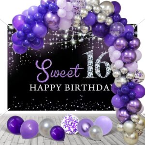 sweet 16th birthday decorations for girls happy 16 birthday backdrop banner,purple balloon garland kit for teen her sixteen sweet 16 birthday party decorations,16th birthday party supplies bday decor