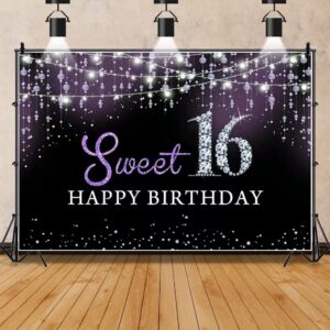 Sweet 16th Birthday Decorations for Girls Happy 16 Birthday Backdrop Banner,Purple Balloon Garland Kit for Teen Her Sixteen Sweet 16 Birthday Party Decorations,16th Birthday Party Supplies Bday Decor