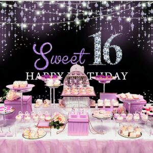 Sweet 16th Birthday Decorations for Girls Happy 16 Birthday Backdrop Banner,Purple Balloon Garland Kit for Teen Her Sixteen Sweet 16 Birthday Party Decorations,16th Birthday Party Supplies Bday Decor