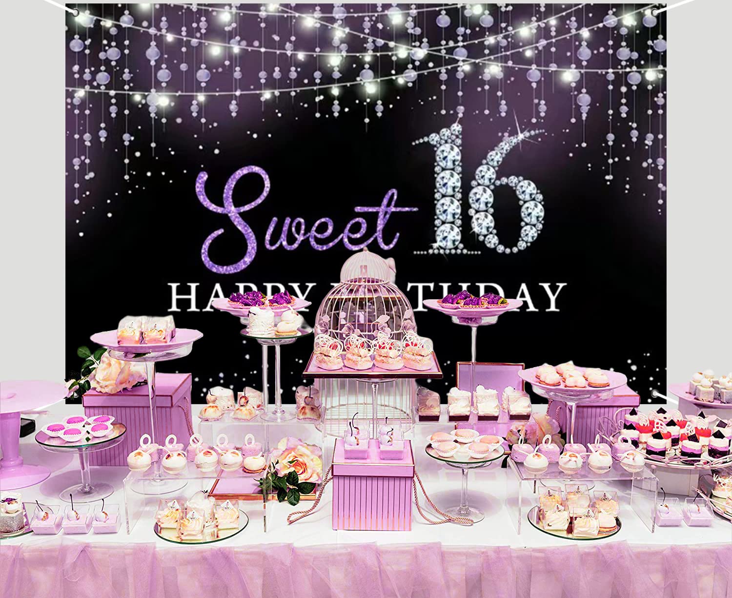 Sweet 16th Birthday Decorations for Girls Happy 16 Birthday Backdrop Banner,Purple Balloon Garland Kit for Teen Her Sixteen Sweet 16 Birthday Party Decorations,16th Birthday Party Supplies Bday Decor