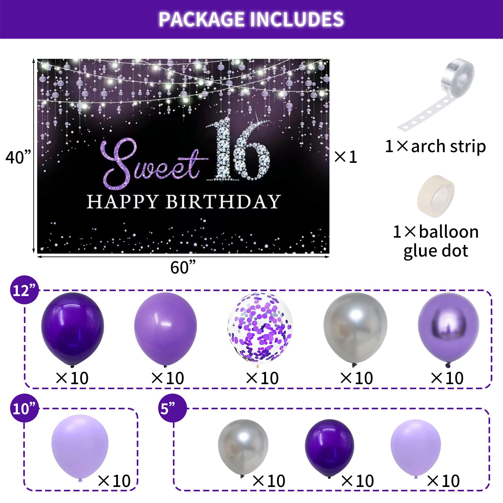 Sweet 16th Birthday Decorations for Girls Happy 16 Birthday Backdrop Banner,Purple Balloon Garland Kit for Teen Her Sixteen Sweet 16 Birthday Party Decorations,16th Birthday Party Supplies Bday Decor