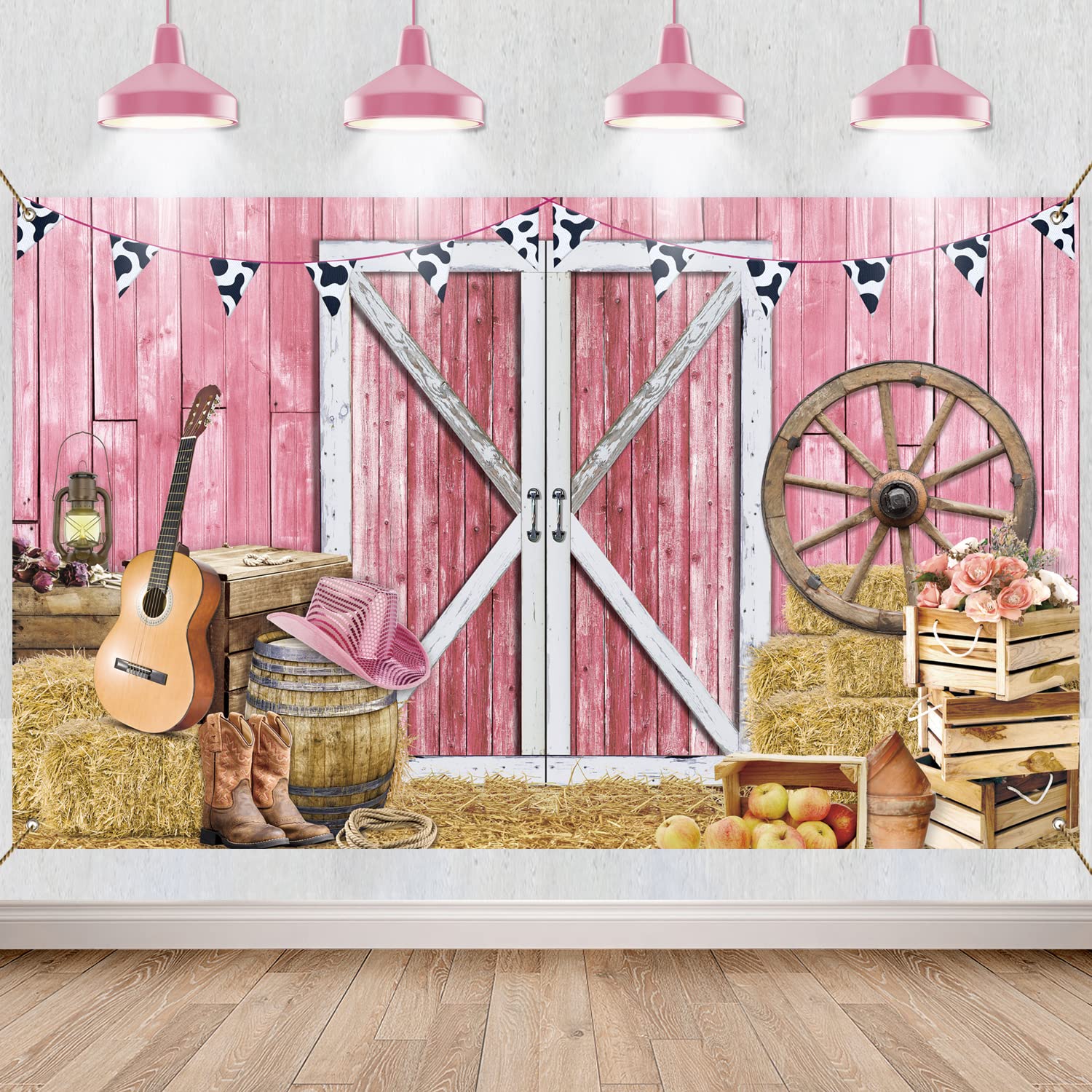 Western Cowgirl Banner Cowgirl Party Decoration Backdrop Pink Western Rustic Wooden House Barn Photography Background for Kids Girl Baby Birthday Baby Shower Photo Booth Western Party Supplies