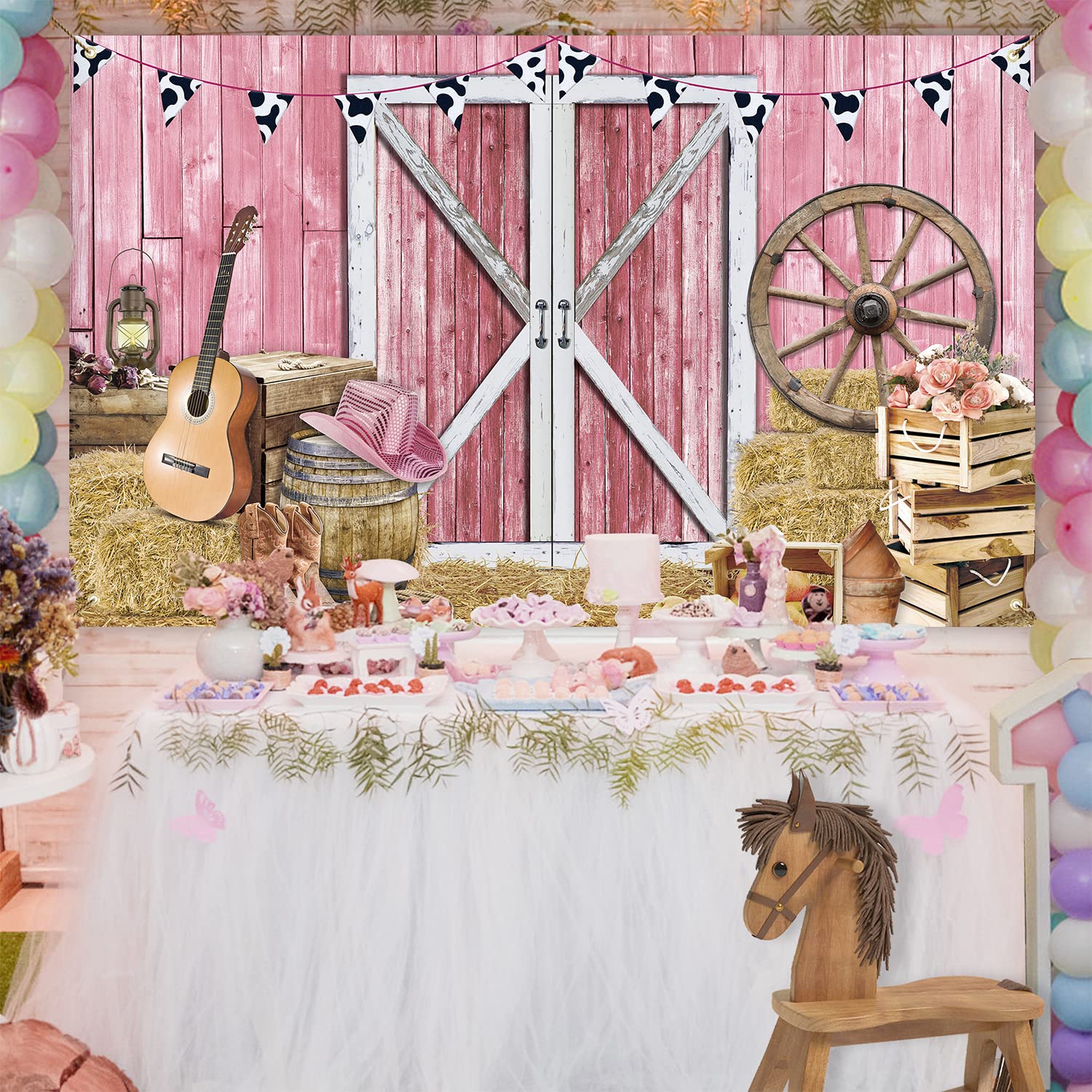 Western Cowgirl Banner Cowgirl Party Decoration Backdrop Pink Western Rustic Wooden House Barn Photography Background for Kids Girl Baby Birthday Baby Shower Photo Booth Western Party Supplies